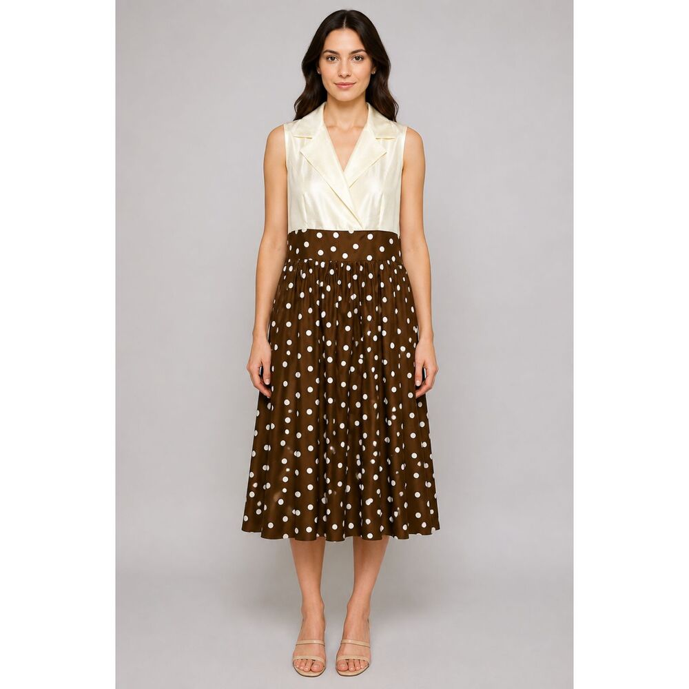 New Directions White/Brown Polka Dot Collared Sleeveless Knee Dress Size 14